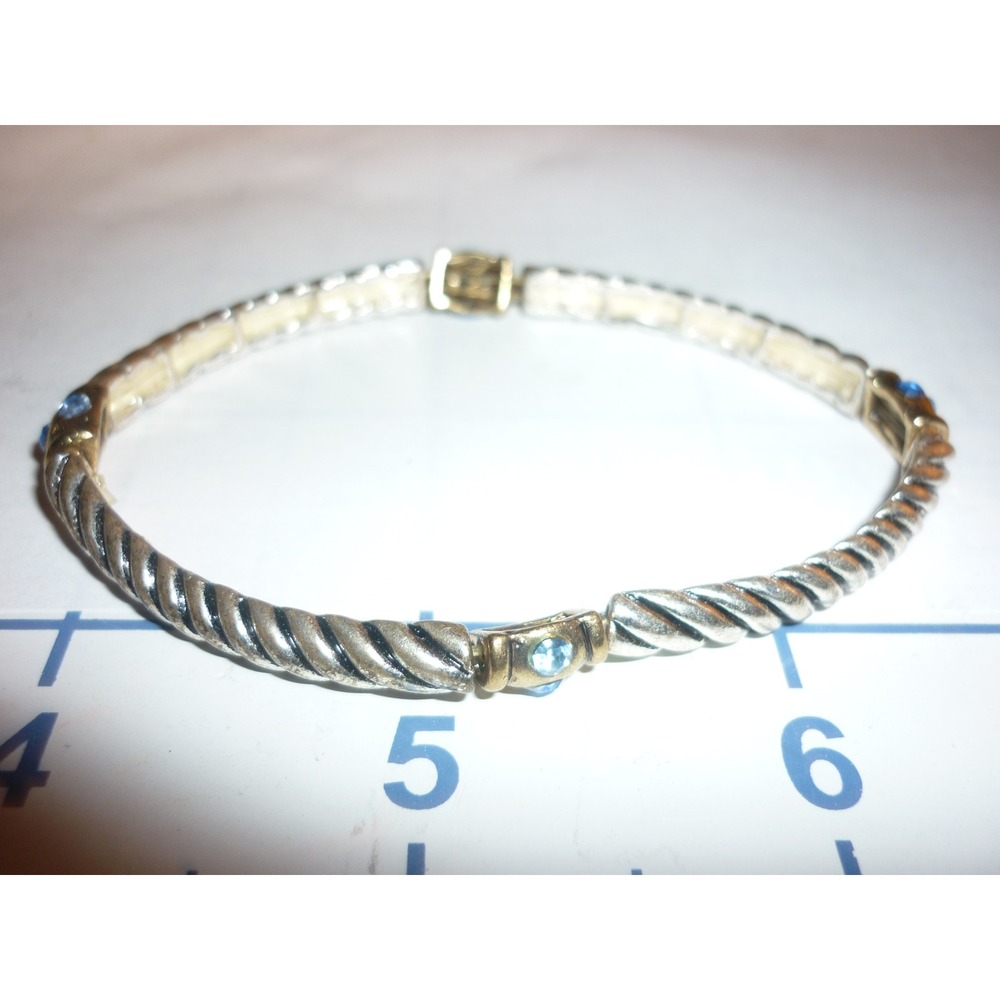Twisted Metal Rope Bracelet Blue Rhinestones Silver Tone Stertch Link Bangle‎